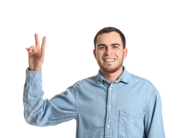 Handsome Man Showing Victory Gesture White Background — Stock Photo, Image