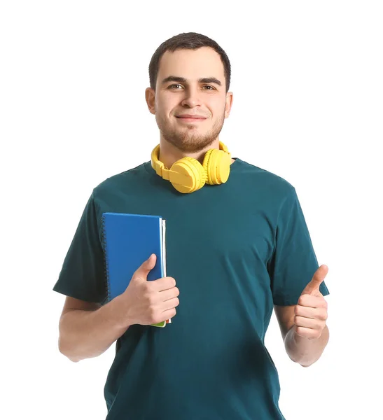 Young Man Headphones Showing Thumb White Background — Stock Photo, Image