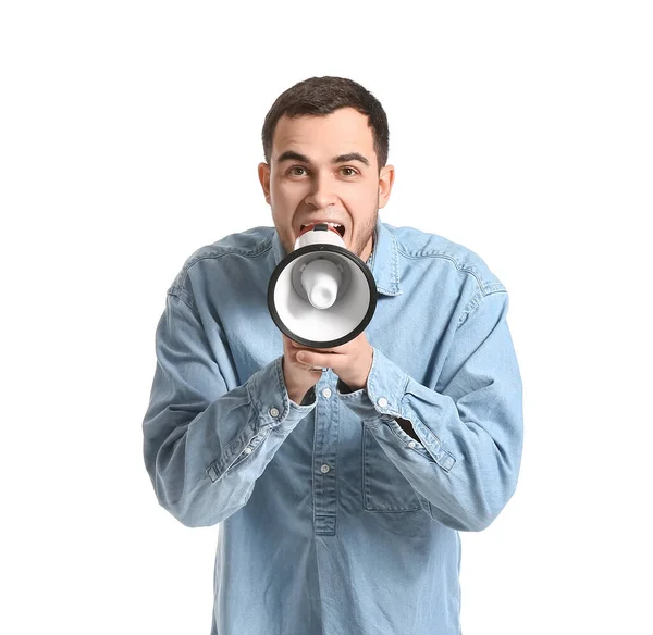 Handsome Man Shouting Megaphone White Background — Stock Photo, Image