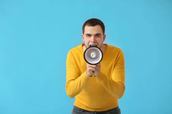 Handsome Young Man Shouting Megaphone Color Background — Stock Photo, Image