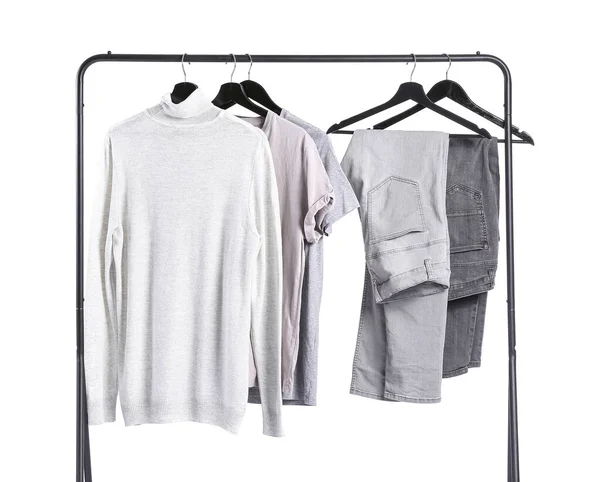 Rack Modern Clothes White Background — Stock Photo, Image