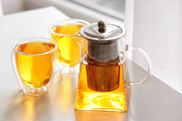 Teapot Cups Hot Beverage Table Room — Stock Photo, Image