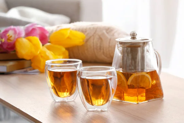 Teapot Cups Hot Beverage Table Room — Stock Photo, Image