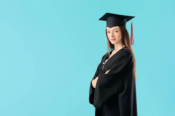 Žena Maturitní Student Barevném Pozadí — Stock fotografie