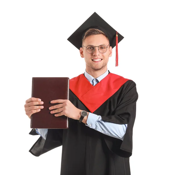 Estudiante Graduado Masculino Con Libro Sobre Fondo Blanco — Foto de Stock