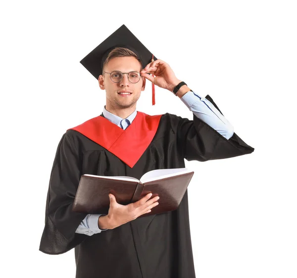 Estudiante Graduado Masculino Con Libro Sobre Fondo Blanco — Foto de Stock
