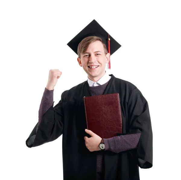 Gelukkig Afstuderen Student Witte Achtergrond — Stockfoto