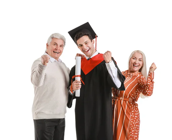 Happy Male Graduation Student His Parents White Background — Stock Photo, Image