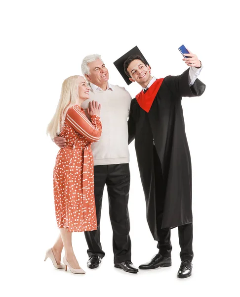 Happy Male Graduation Student His Parents Taking Selfie White Background — Stock Photo, Image