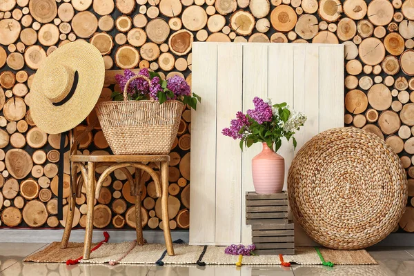 Vase Lilac Flowers Chair Wooden Wall — Stock Photo, Image