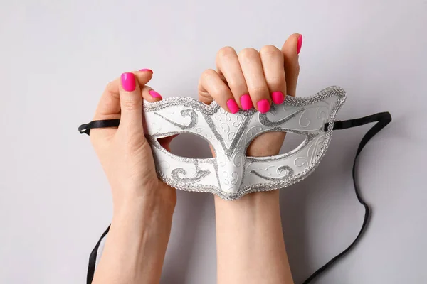 Woman Beautiful Manicure Masquerade Mask Light Background — Stock Photo, Image