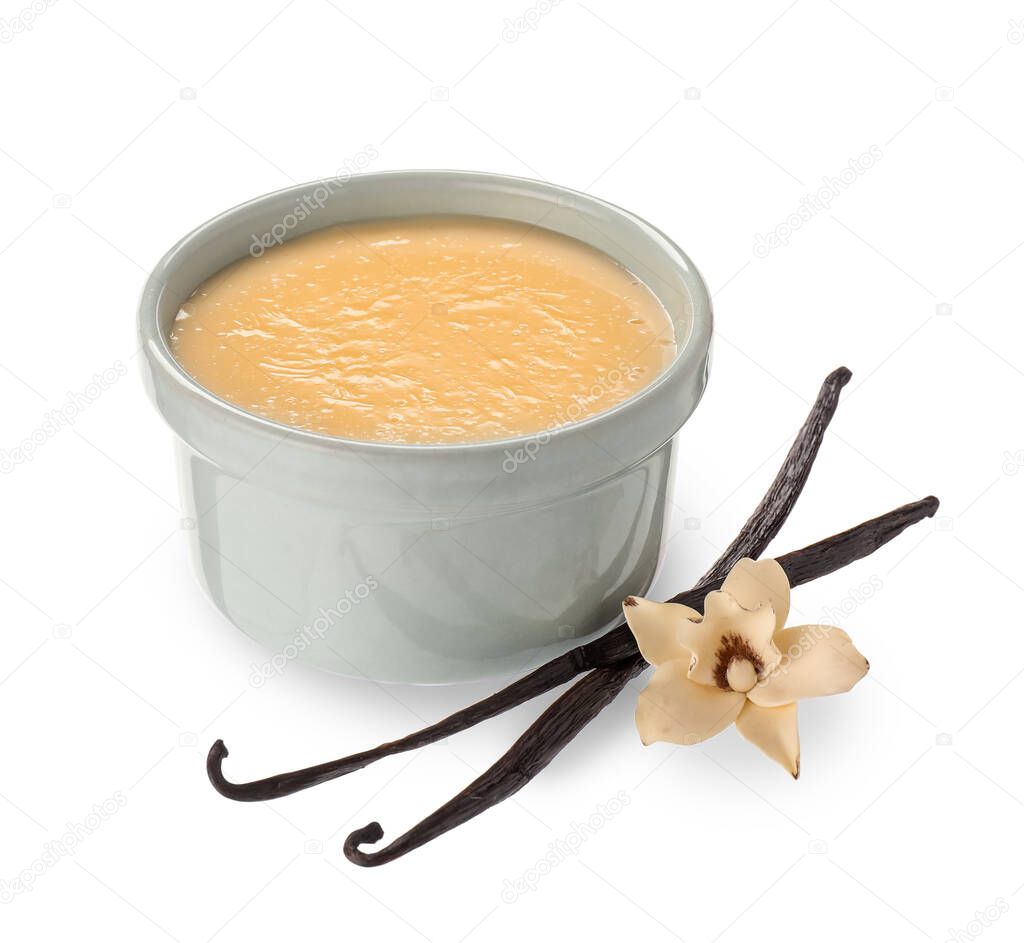Ramekin with tasty vanilla pudding on white background