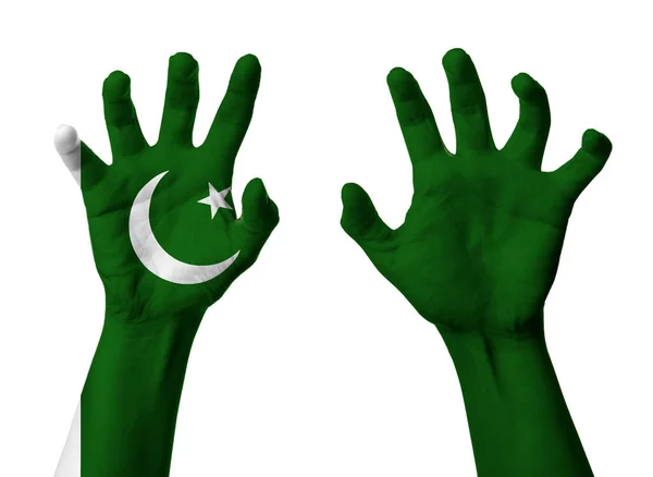 Ruce Barvách Pákistánské Vlajky Bílém Pozadí — Stock fotografie