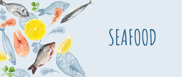 淡い背景に新鮮な魚介類のセット — ストック写真