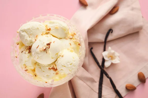 Glass Bowl Tasty Vanilla Ice Cream Color Background Closeup — Stock Photo, Image