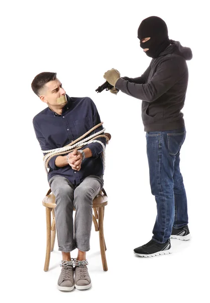 Terrorist Aiming Hostage White Background — Stock Photo, Image