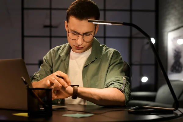 Handsome Man Looking Wristwatch Home Late Evening — Stock Photo, Image