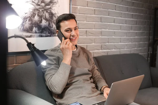 Handsome Man Talking Mobile Phone Home Late Evening — Stock Photo, Image