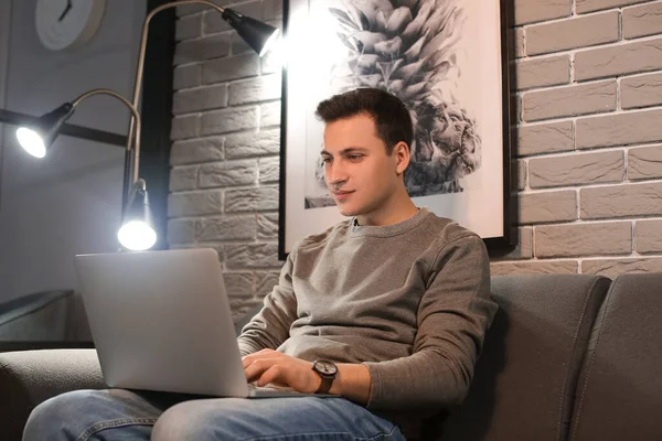 Handsome Man Using Laptop Home Late Evening — Stock Photo, Image