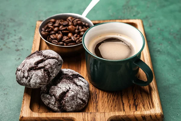 Cup Freshly Brewed Coffee Cookies Color Background — Stock Photo, Image