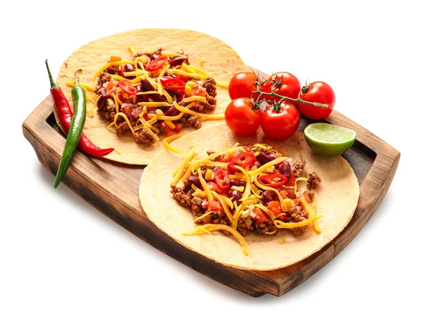 Styrelse Med Välsmakande Tacos Vit Bakgrund — Stockfoto