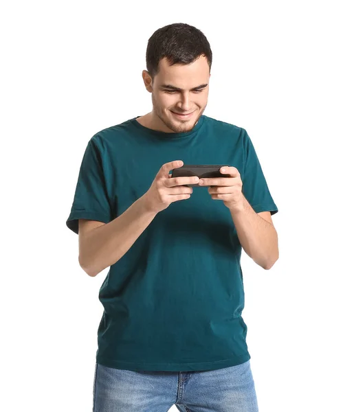 Hombre Joven Usando Teléfono Móvil Sobre Fondo Blanco — Foto de Stock