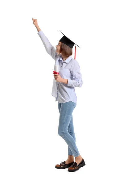 Studente Laureata Con Diploma Sfondo Bianco — Foto Stock