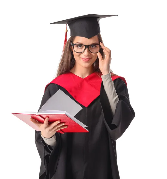 Female Graduating Student Book White Background — Stock Photo, Image