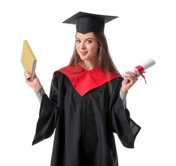 Studente Laureata Con Diploma Libro Sfondo Bianco — Foto Stock