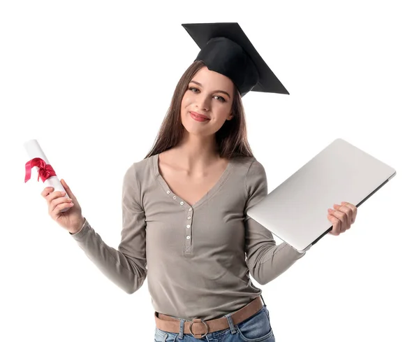 Estudante Graduação Sexo Feminino Com Diploma Laptop Fundo Branco — Fotografia de Stock