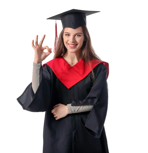 Estudante Graduação Sexo Feminino Mostrando Gesto Fundo Branco — Fotografia de Stock