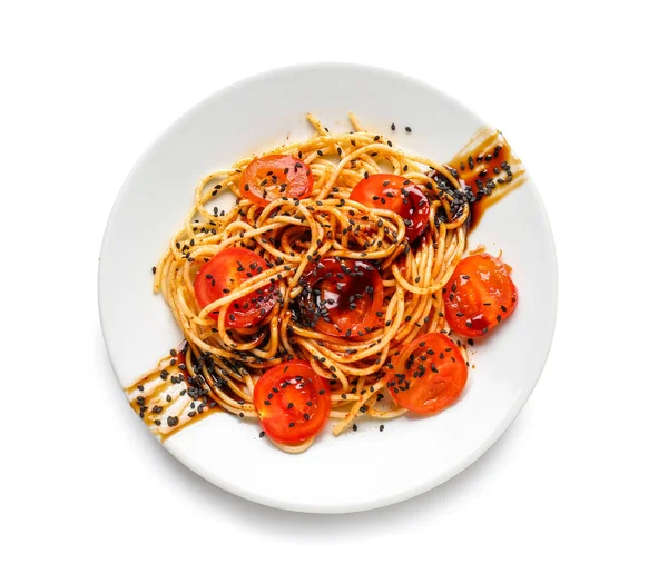 Plate Tasty Pasta Tomatoes White Background — Stock Photo, Image