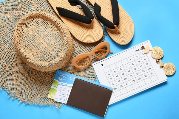 Calendar Passport Ticket Beach Accessories Color Background — Stock Photo, Image