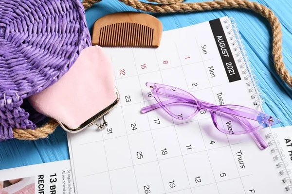 Calendar Female Accessories Color Wooden Background Closeup — Stock Photo, Image