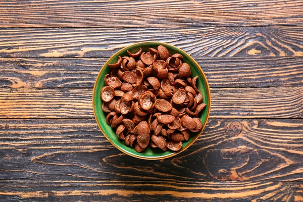 Schüssel Mit Leckeren Schokolade Cornflakes Auf Holzgrund — Stockfoto