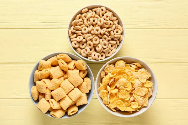 Bowls Different Cereals Color Wooden Background — Stock Photo, Image