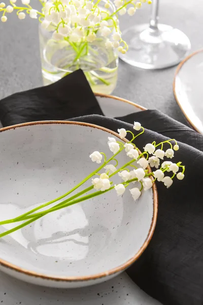 Beautiful Table Setting Lily Valley Flowers Grey Background — Stock Photo, Image