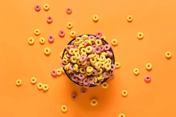 Bowl Tasty Cereal Rings Color Background — Stock Photo, Image