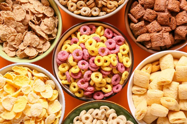 Bowls Different Cereals Color Background Closeup — Stock Photo, Image