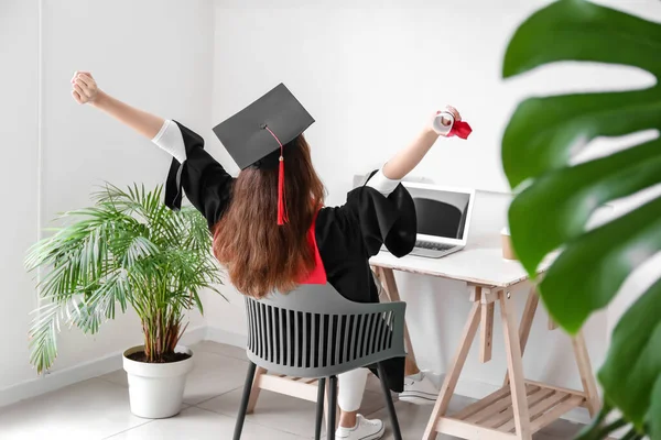 Happy Female Student Her Graduation Day Home Concept Studying Online — Stock Photo, Image