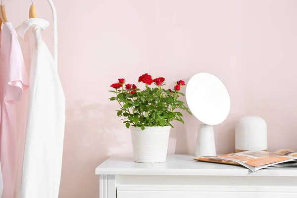 美丽的红玫瑰插在靠近彩墙的桌子上 上面有镜子和杂志 — 图库照片