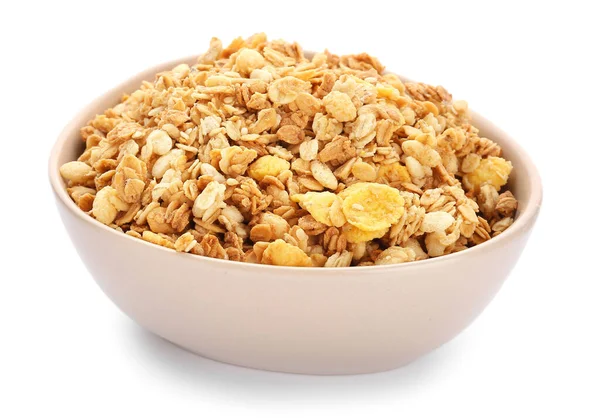 Schaal Met Smakelijke Granola Witte Achtergrond — Stockfoto