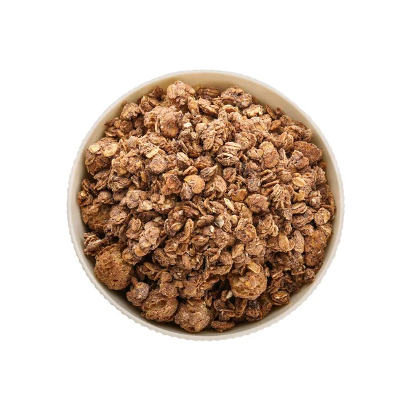 Tigela Com Granola Saborosa Fundo Branco — Fotografia de Stock