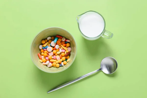 Bowl Pills Jug Milk Color Background Concept Addiction — Stock Photo, Image