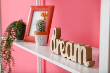 Renk duvarına yakın dekorlu raflar, yakın plan