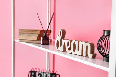 Renk duvarının yanındaki rafta dekoru olan Reed dağıtıcı