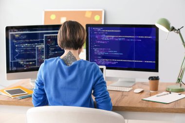 Ofiste dizüstü bilgisayarla çalışan kadın programcı