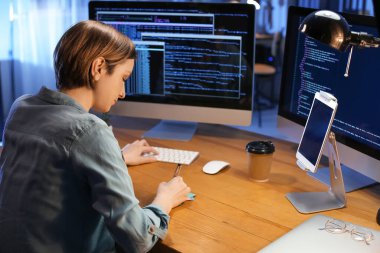 Geceleri ofiste çalışan kadın programcı.