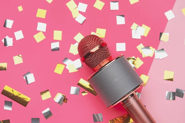 Modern Microphone Confetti Color Background Closeup — Stock Photo, Image