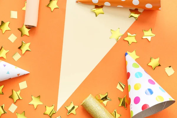 Frame Made Party Hats Confetti Color Background — Stock Photo, Image